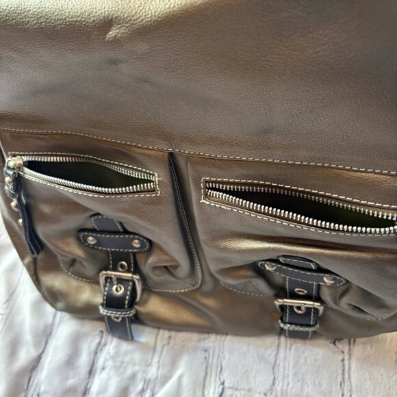 Sophia Visconti Genuine Leather Shoulder Bag Purse Gray/ Black - Picture 10 of 13